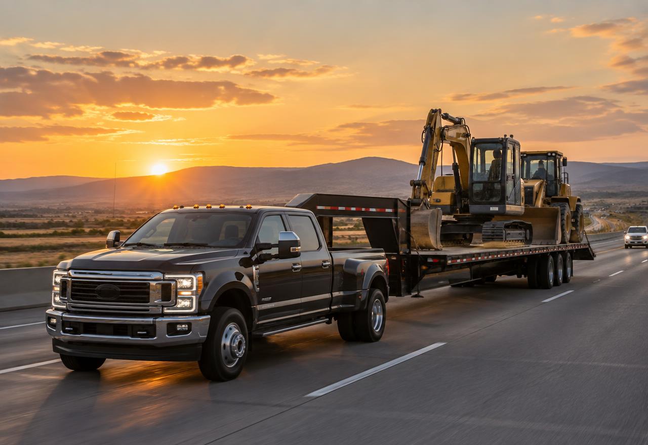 Pickup truck with gooseneck trailer hauling construction equipment on an American interstate